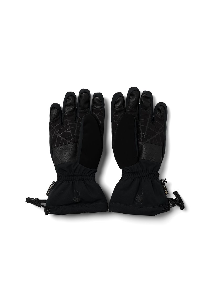 Zwarte handschoenen met een textuur aan de buitenkant, leren accenten en elastische manchetten. Voorzien van versterkte palmen voor grip en een strakke pasvorm.
