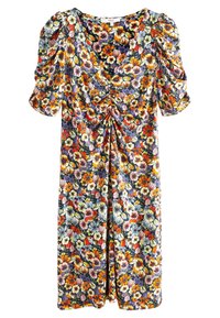 Robe à fleurs avec manches bouffantes, présentant un décolleté en V profond et une taille froncée. Le tissu arbore une variété de fleurs colorées sur un fond sombre.