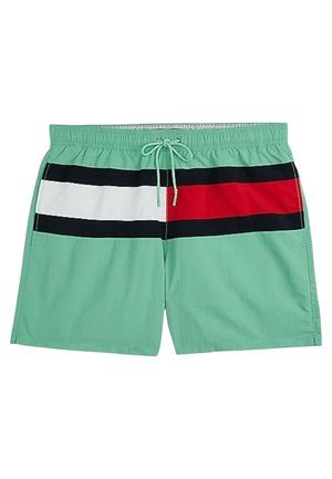 Mintgrüne Badehose mit horizontalen Streifen in Schwarz, Weiß, Rot und Marineblau. Elastischer Bund mit Kordelzug, leichtes Material.