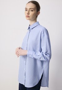 Giovane donna con i capelli raccolti indossa una camicia a righe verticali blu chiaro e bianco con bottoni e pantaloni scuri, posando di lato contro uno sfondo semplice.