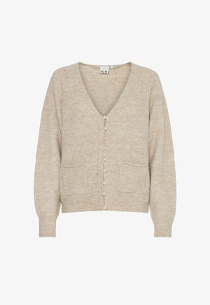 Bežs adīts kardigāns ar V-veida kaklu, pogu aizdari un divām priekšējām kabatām. Riblēta tekstūra un pērļu formas pogas detaļām.