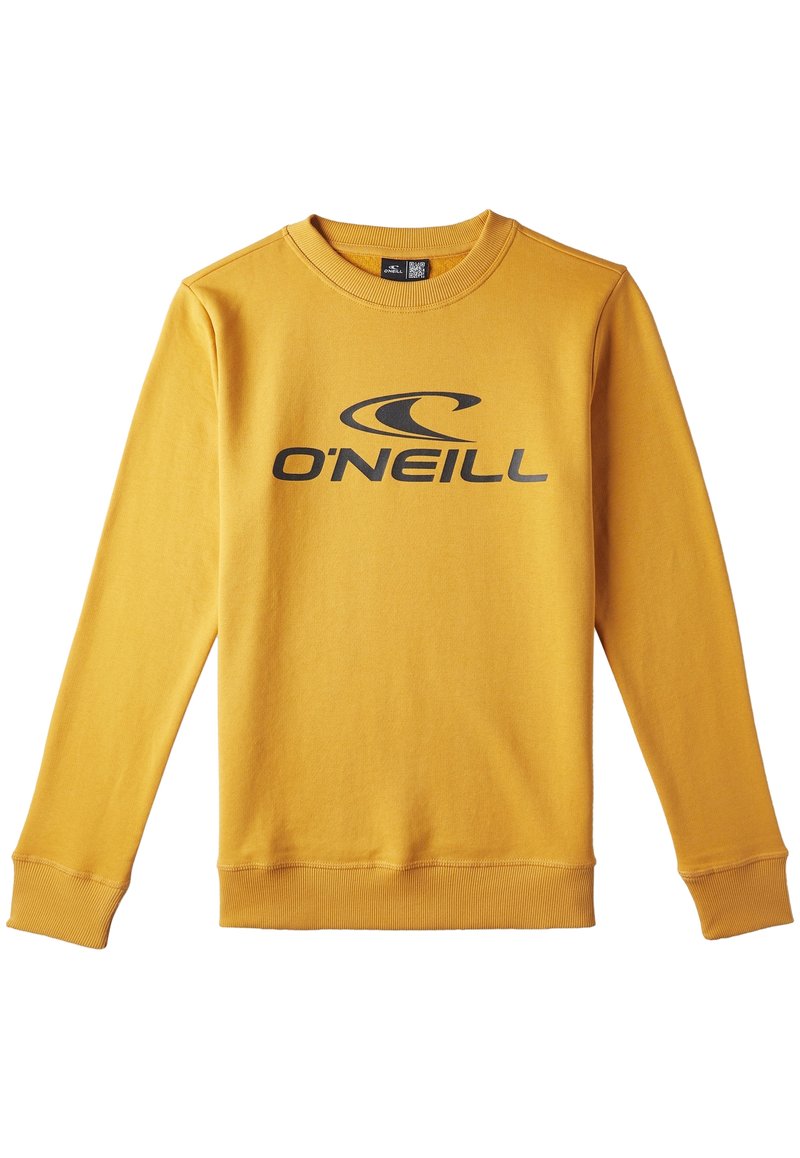 Gul sweatshirt lavet af bomuldsblanding, med rund hals, ribbede manchetter og et stort sort "O'Neill" logo på forsiden.