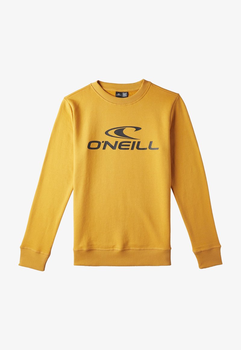 Gul sweatshirt lavet af bomuldsblanding, med rund hals, ribbede manchetter og et stort sort "O'Neill" logo på forsiden.