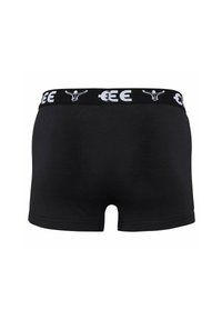 Boxer da uomo neri con una vestibilità aderente, caratterizzati da un elastico bianco con un motivo a logo. Tessuto liscio e design semplice.