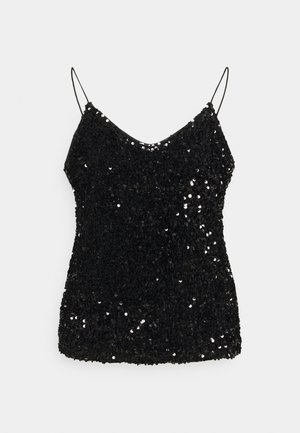 Sort paliettemønstret top uden ærmer med tynde spaghettistropper og V-udskæring på en ensfarvet baggrund.