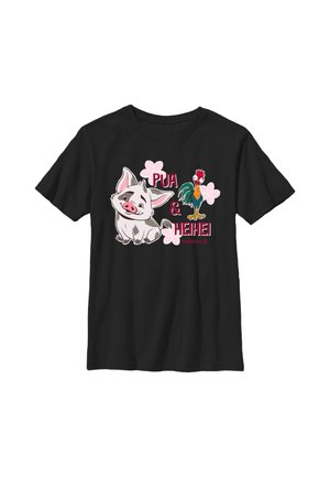 Sort t-shirt med tegneseriefigurerne Pua grisen og Heihei hanen med lyserøde blomster og tekst "Pua & Heihei Moana 2."