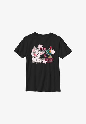 Czarny t-shirt z postaciami z kreskówki Pua świnką i Heihei kogutem z różowymi kwiatami i tekstem "Pua & Heihei Moana 2."