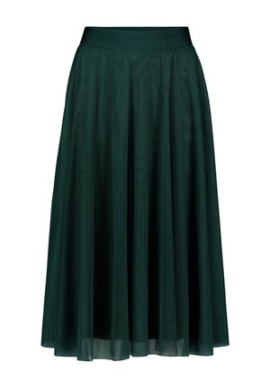 Sötétzöld A-vonalú midiszoknya áttetsző réteggel és testhez simuló derékrésszel, légies és könnyű anyagból.