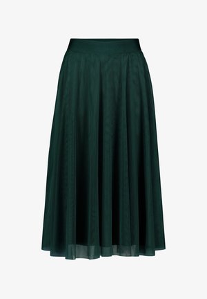 Sötétzöld A-vonalú midiszoknya áttetsző réteggel és testhez simuló derékrésszel, légies és könnyű anyagból.