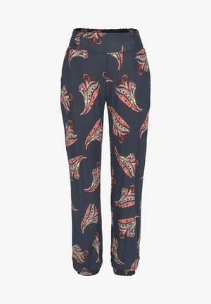 Pantaloni a fantasia navy con motivi floreali in rosa e beige. Presentano una vita elasticizzata e polsini arricciati alle caviglie per un fit morbido.