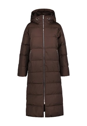 Manteau d'hiver matelassé long et marron foncé avec capuche, fermeture éclair à l'avant sur toute la longueur et poches latérales zippées.