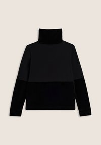 Felpa nera a collo alto con maniche lunghe, realizzata in tessuto morbido. Presenta un design bicolore con diverse texture nella parte superiore e inferiore.
