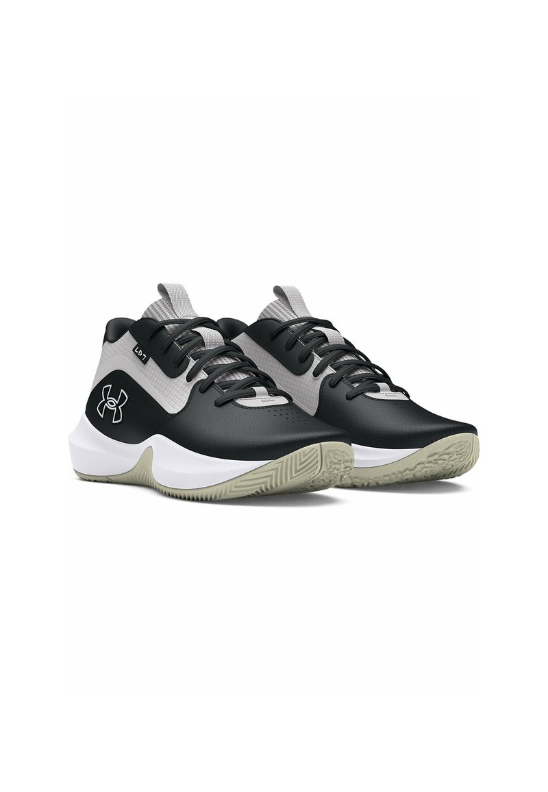 Zapatillas deportivas en negro y gris con una parte superior sintética suave, lengüeta de malla gris texturizada y mediopié blanco; suela de goma con un patrón de tracción.