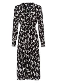 Robe noire enveloppante avec des manches longues, une taille cintrée et un motif abstrait blanc sur l'ensemble. Tissu léger avec une texture lisse.