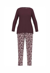 Set di abbigliamento da casa a due pezzi composto da una maglietta a maniche lunghe bordeaux e pantaloni a fantasia floreale nelle tonalità di crema e bordeaux. Vestibilità morbida e rilassata.