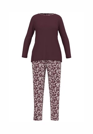 Conjunto de chándal de dos piezas que incluye una camiseta de manga larga burdeos y pantalones con estampado floral en tonos crema y burdeos. Ajuste suave y relajado.