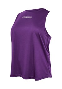 Ärmlös lila träningslinne tillverkat av slät tyg, med rund halsringning och en liten vit logotyp på framsidan.
