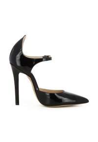 Décolleté in vernice nera con tacco alto e punta affilata, dotato di cinturino alla caviglia regolabile, caratterizzato da una silhouette elegante e una texture liscia.