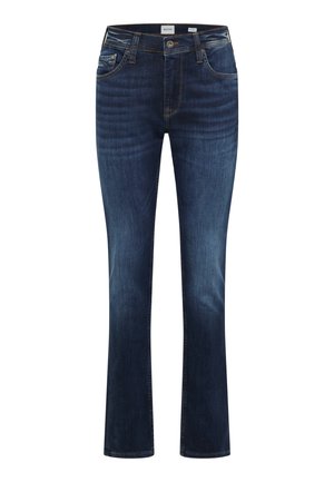 Dunkelblaue Denim-Jeans mit leichter Verblassung, klassischem Fünf-Taschen-Design, Gürtelschlaufen und Knopfverschluss, gerade geschnittene Passform.