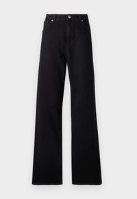Black wide-leg jeans made of denim with five-pocket design, front button closure, and subtle stitching details.