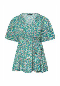 Blusa a rap di fiori con maniche corte, scollatura a V, cintura aderente e base teal con motivi floreali rosa, arancioni e gialli.