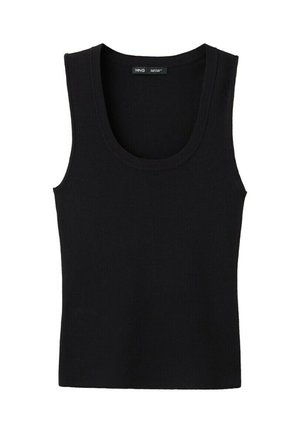 Černý bezrukávový top z žebrovaného úpletu s výstřihem do oblouku a přiléhavým střihem.