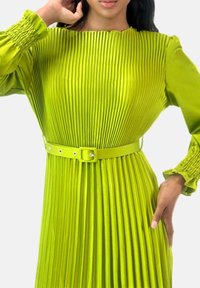 Groene geplooide jurk met een hoge halslijn, lange mouwen en een bijpassende riem. Gemaakt van een gladde, gestructureerde stof met een levendige kleur.