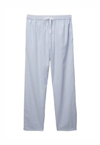 Pantalons de pyjama rayés bleu clair en tissu doux, avec une taille élastique et un cordon de serrage réglable. Design à jambe droite.