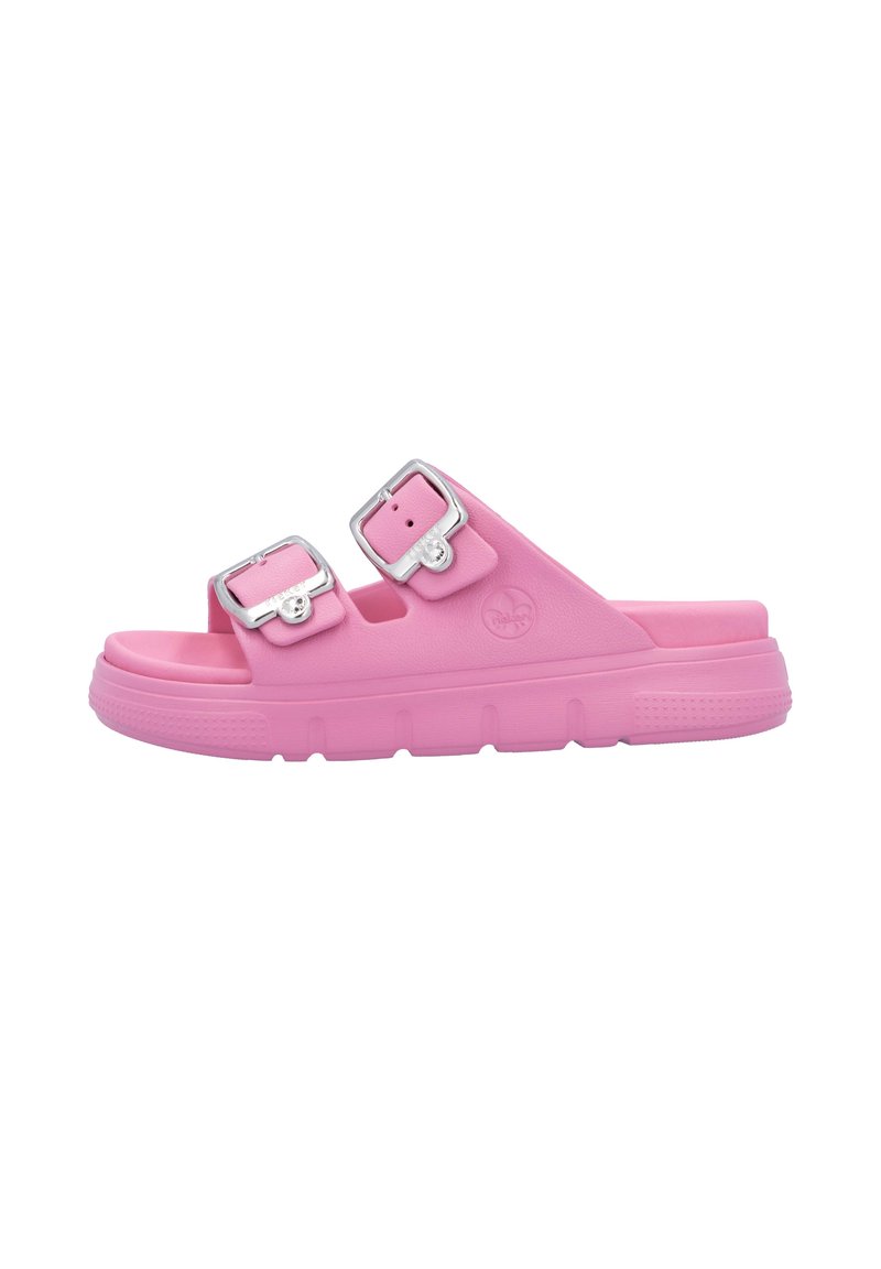 Pink molded slide sandal with two adjustable silver buckle straps and textured footbed. Features a durable rubber sole with ridges.