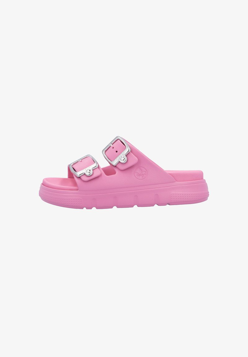 Pink molded slide sandal with two adjustable silver buckle straps and textured footbed. Features a durable rubber sole with ridges.