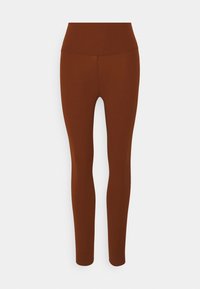 High-waisted brown leggings made from stretchy fabric, featuring a smooth texture and fitted design, ideal for active wear.