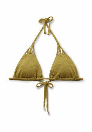 Olivgrünes, strukturiertes Stoff-Bikini-Oberteil in Dreiecksform mit Neckholder und Bindverschluss vorne und hinten.