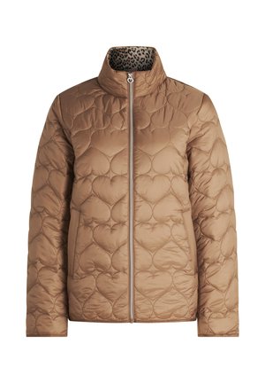 Giubbotto imbottito marrone con patte a quadrati e colletto alto, chiusura con zip e fodera con stampa leopardata. Presenta motivi imbottiti arrotondati in tutto il tessuto.