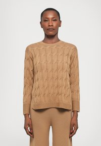 Maglione a trecce di colore marrone chiaro, con maniche lunghe e scollatura rotonda. Tessuto morbido con dettagli a coste sui polsini e sull'orlo.