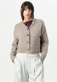 Brun ull cardigan med v-hals, ribbestrikket kant og frontknapplukning. Stylet over lysegrå plissert bukser.