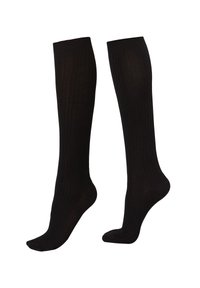 Calzini neri al ginocchio con texture a coste, realizzati in materiale morbido. Presentano punte e talloni rinforzati per una maggiore durata. Fascia superiore liscia.