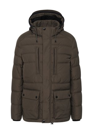 Olivenfarbene Puffjacke mit Kapuze, horizontal gestepptem Design, zwei Fronttaschen und schwarzen Reißverschlussakzenten.
