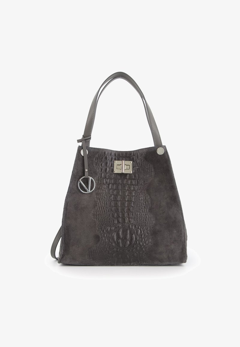 Grau Wildlederhandtasche mit Krokodilmuster, strukturierter Form, doppelten Trägern, silbernem Zubehör und einem angehängten runden Akzent.