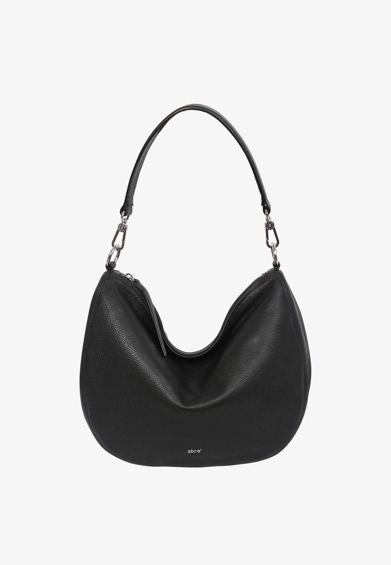 Black leather hobo bag with a curved shape, zippered top closure, and a single adjustable handle. Features subtle branding on the front.