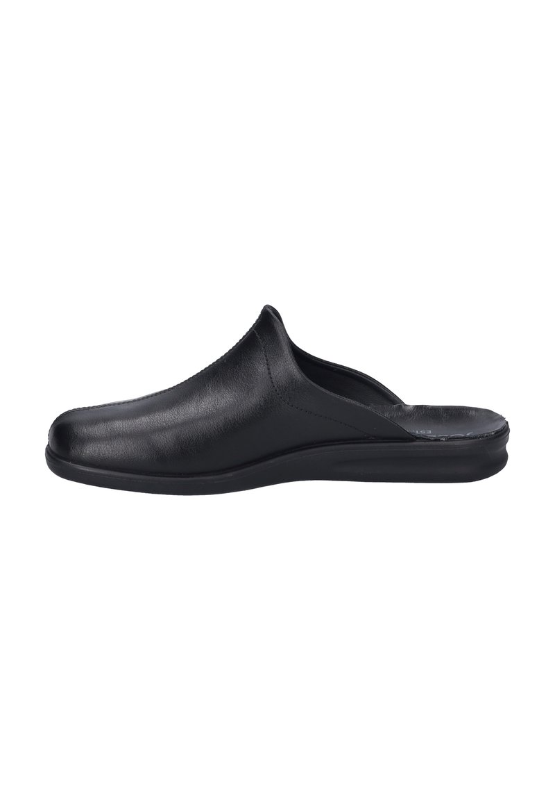 Svart läder slip-on sko med en slät yta, rund tå och låg gummisula. Har en minimalistisk design och inga synliga stängningar.