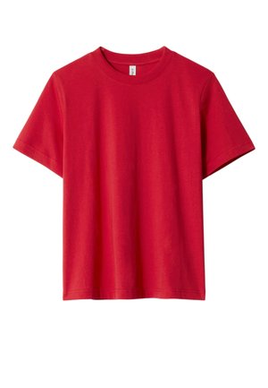Red cotton t-shirt with short sleeves and a crew neck. Features a plain design, smooth texture, and a straight cut at the hem.