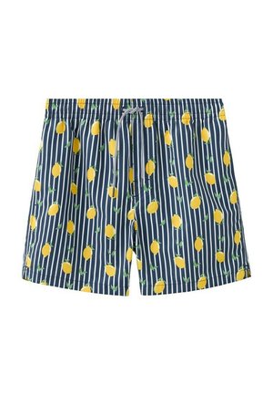 Marineblaue Badeshorts mit weißen vertikalen Streifen und einem durchgehenden gelben Zitronenmuster, ausgestattet mit einem elastischen Bund und einem weißen Kordelzug.