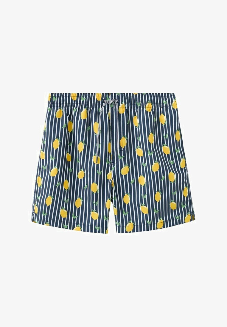Short de bain bleu marine avec des rayures verticales blanches et un motif complet de citrons jaunes, doté d'une taille élastique avec un cordon blanc.