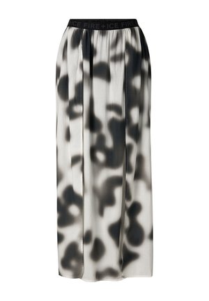 Długa, zwiewna spódnica z czarno-białym abstrakcyjnym wzorem i czarnym elastycznym pasem z oznaczeniem "FIRE + ICE".