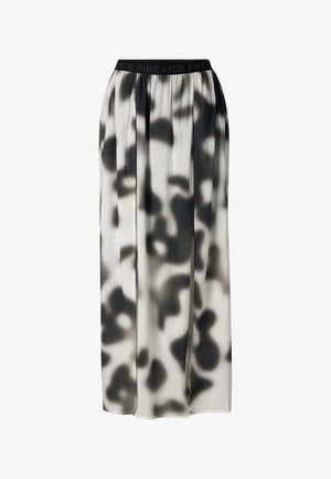 Longue jupe fluide avec imprimé abstrait noir et blanc et ceinture élastique noire portant l'étiquette "FIRE + ICE".