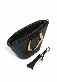 Black leather handbag with a geometric pattern, gold hardware, a zip closure, and a detachable tassel accent.