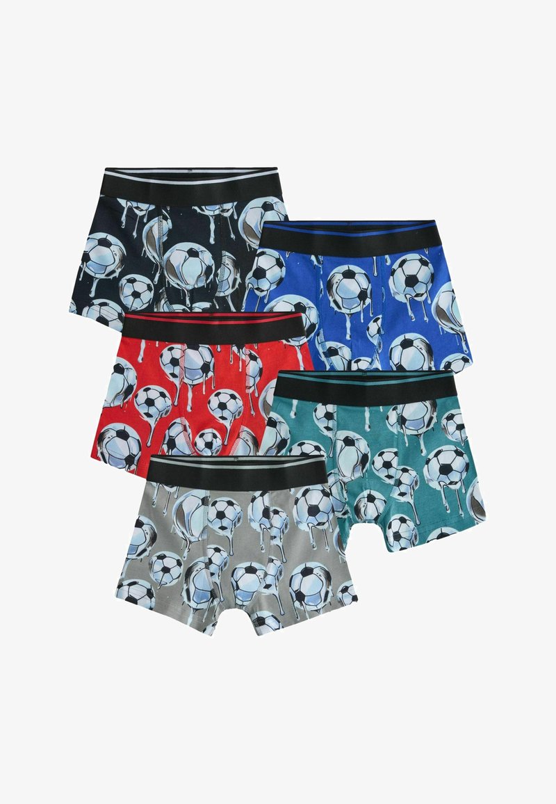 Cinq paires de boxers dans les couleurs noir, bleu, rouge, sarcelle et gris, chacune avec un motif de ballons de football dégoulinants et une ceinture contrastante.