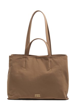Bolso tote rectangular marrón con dos asas cortas y dos largas, con el logo "BIMBA Y LOLA" en pequeñas letras doradas en el centro inferior.