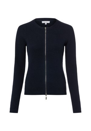 Donker marineblauwe gebreide cardigan met lange mouwen, een zilveren rits aan de voorkant en een ronde hals, maat small, gestructureerde stof.