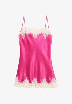 Pink satin camisole with adjustable straps, featuring a scalloped white lace trim along the neckline and hem. Smooth texture and lightweight design.